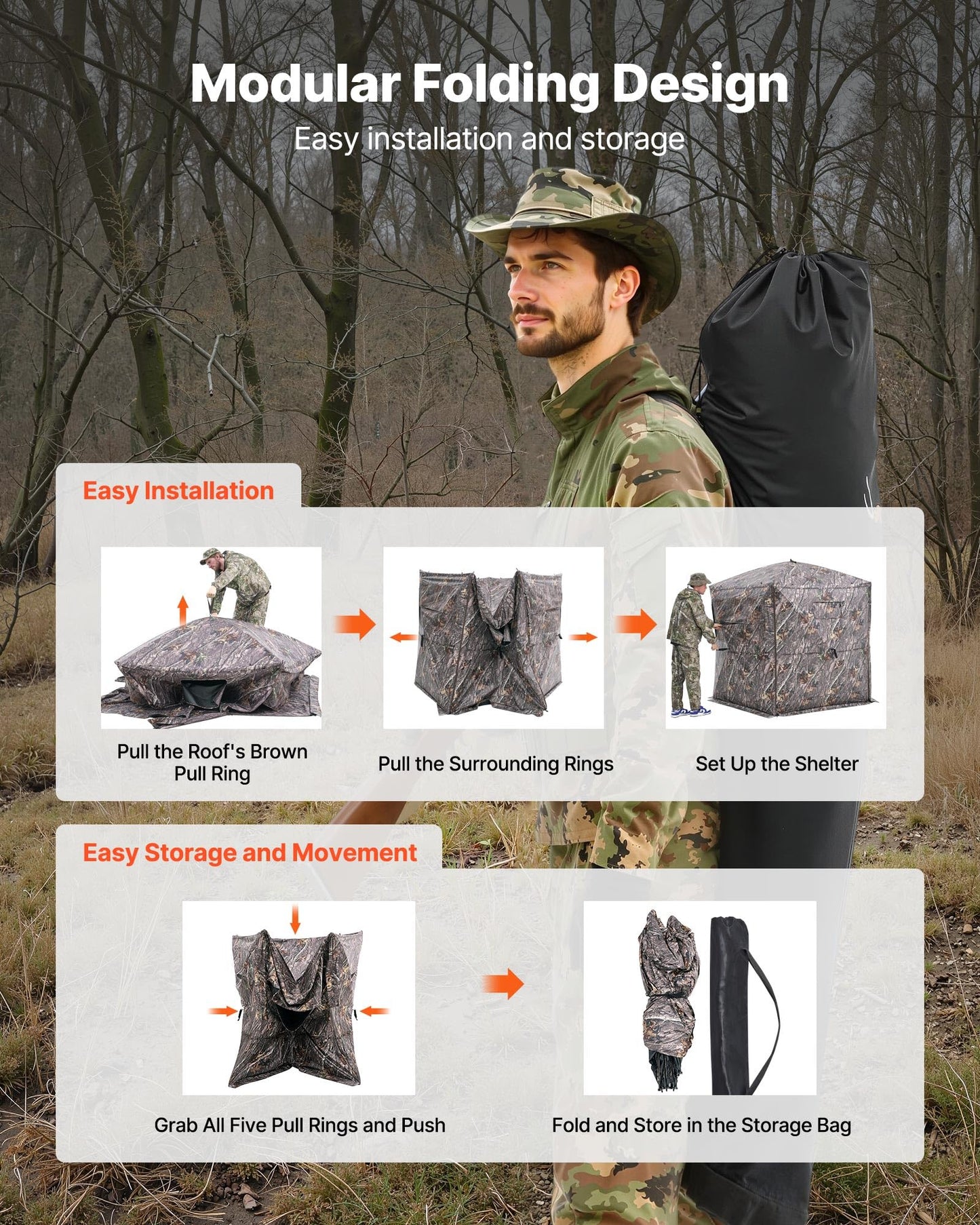 VEVOR Hunting Blind, 6-7 Person Ground Blinds with Carrying Bag, Portable Camouflage Tent, Reinforced Durable Concealed Shelter with Silent Zipper Door and Window, for Turkey and Deer