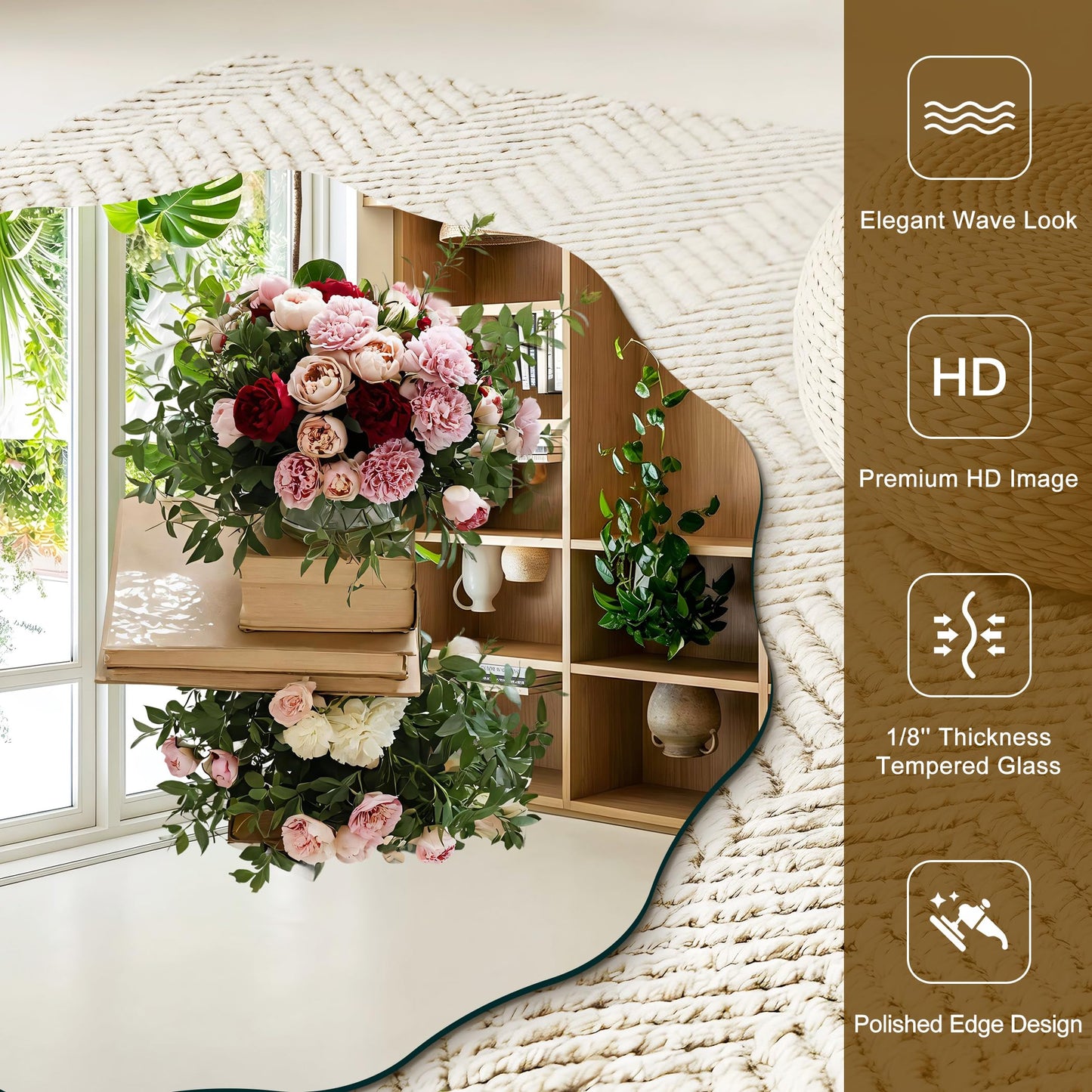 CILIBER Frameless Wavy Round Mirror, 18'' Scalloped Circle Wall Mirror, 3mm Tempered Glass Decorative Bathroom Vanity Mirror, Mounting/Leaning for Mantel, Living Room, Bedroom and Entryway