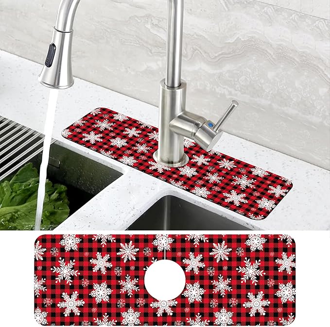 Christmas Snowflake Kitchen Sink Splash Guard Mat Buffalo Plaid Absorbent Fast