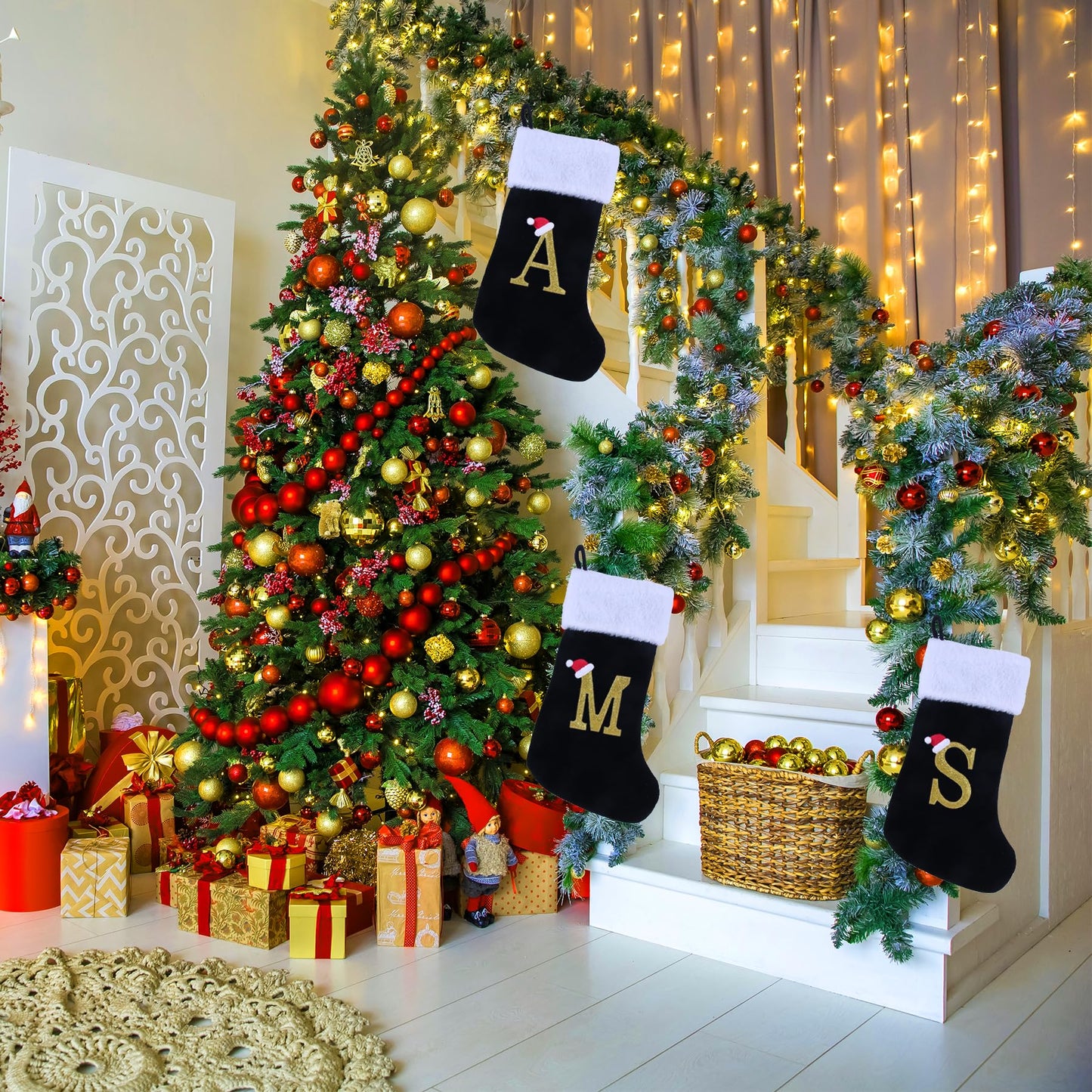 20 Inches Monogram Christmas Stockings with Letters, Large Super Soft Christmas Stockings Black Velvet with White Super Soft Plush Cuff for Xmas Tree Holiday Fireplace Gold Letter R