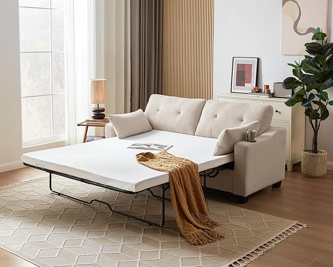 Queen Size Pull Out Sleeper Sofa Bed, 2-in-1 Convertible Corduroy Pull Out