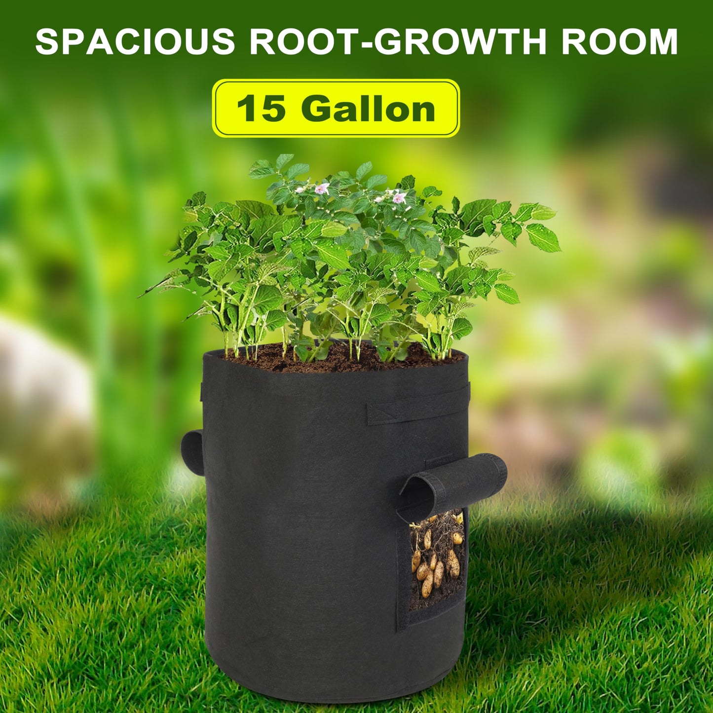 SORANGEUN Potato Grow Bags, 2-Pack 15-Gallon Grow Bags with 2 Flaps and Reinforced Handles, Heavy-Duty Thickened 500G Aeration Fabric Pots for Potatoes, Tomatoes, Flowers, and Vegetables