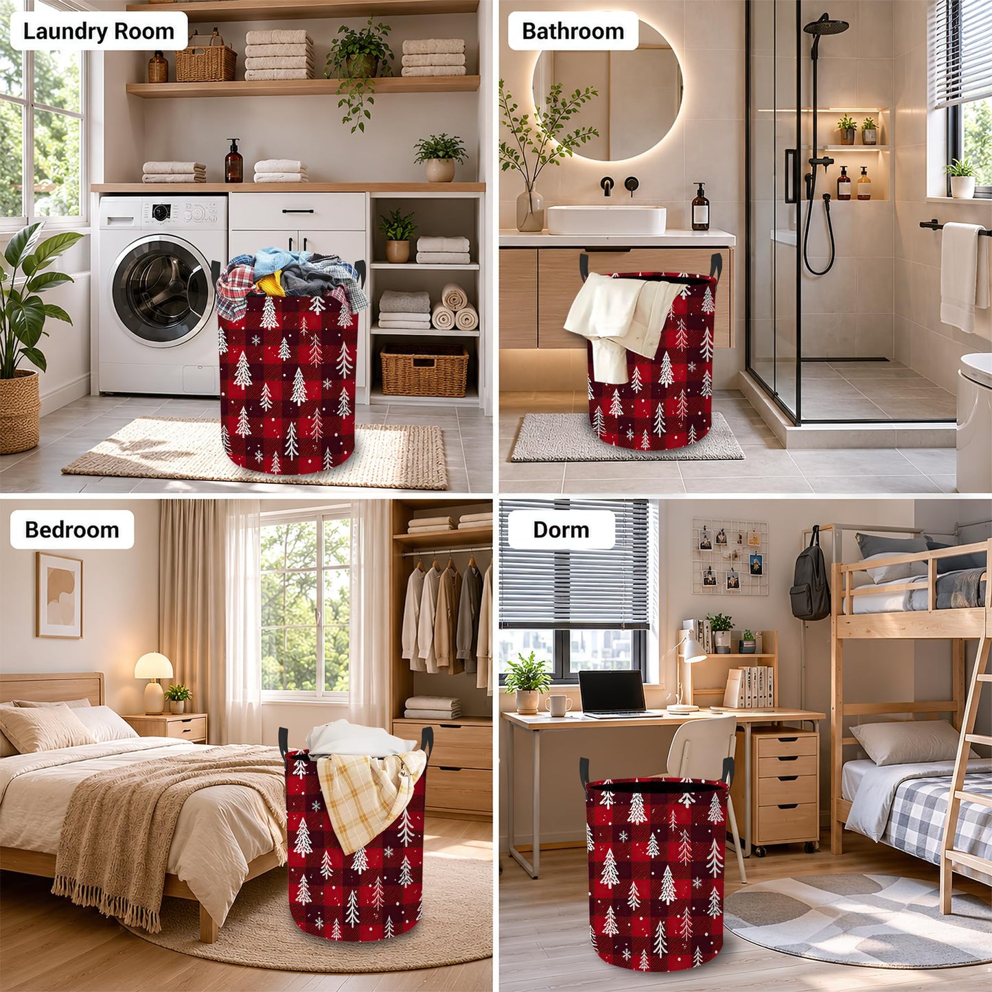 Christmas Tree Laundry Basket, Foldable Oxford Cloth Snowflake Plaid Laundry Hamper with Handles, Tote Bag Clothes Storage Bucket for Laundry Room/Bathroom/Bedroom/Dormitories 20.8"x16"