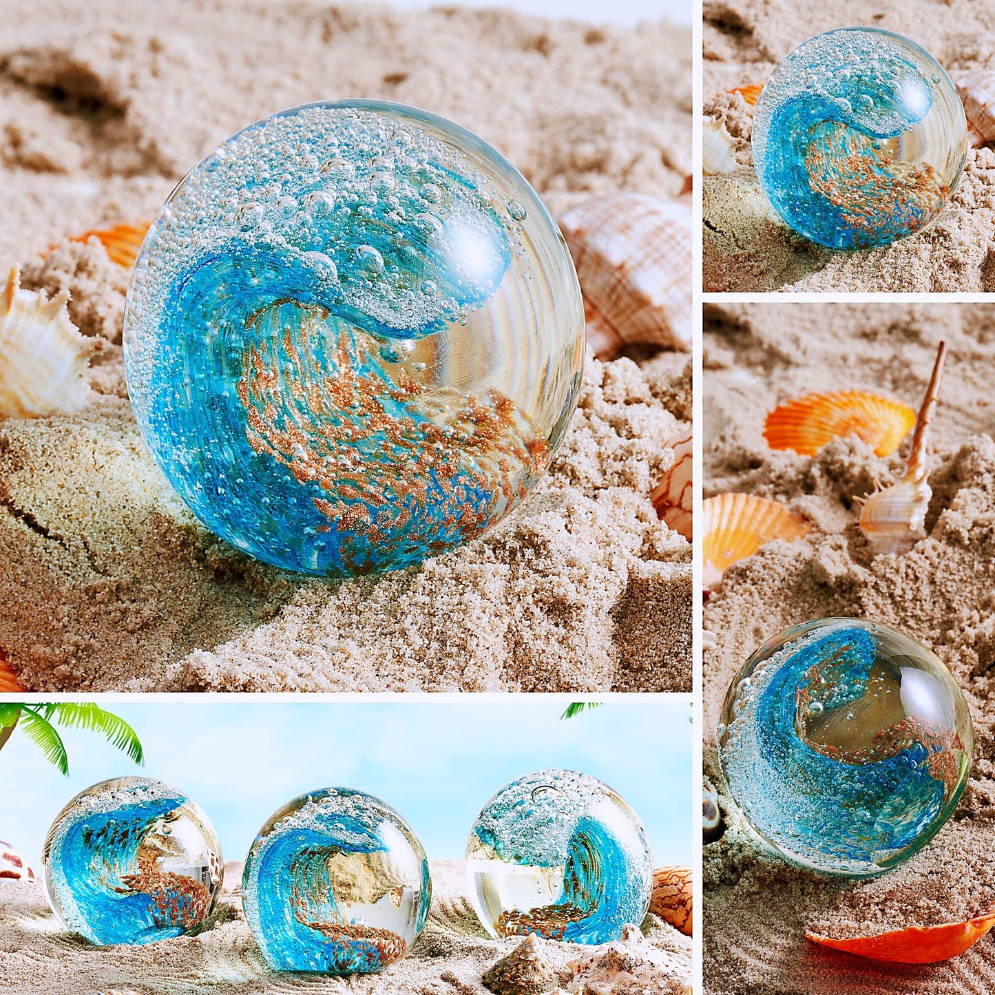 EUSTUMA Hand Blown Glass Figurines Ball Ocean Waves,Office Paperweight Glass for Desk,Home Decor Collectible,Aquarium Decor,Office Decor Ocean Lovers (Blue)