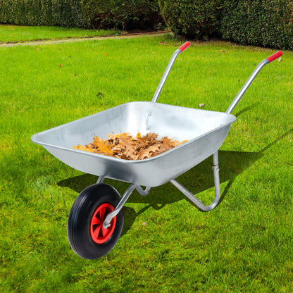 Crystals 65L/100KG Wheelbarrow Heavy Duty Galvanised - Home Garden Cart with Pneumatic Tyre - (80L x 60W x 60H) cm Silver