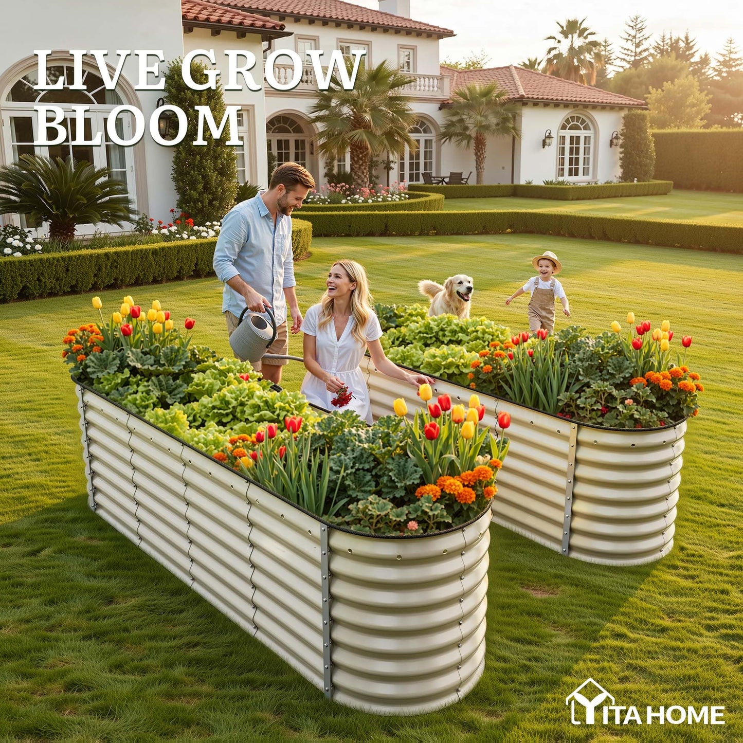 YITAHOME 8x2x2ft Raised Garden Bed Kit, 24" Tall 9 in 1 Large Galvanized Metal Planter Box with Gloves, Safety Rubber & Support Rod, Outdoor Flower Bed for Plants Vegetables Flowers, White