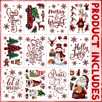 BORAMDO Christmas Window Clings 12 Sheets, Buffalo Plaid Xmas Window Decals Stickers Removable Holiday Decorations for Home & Office, 12 Styles