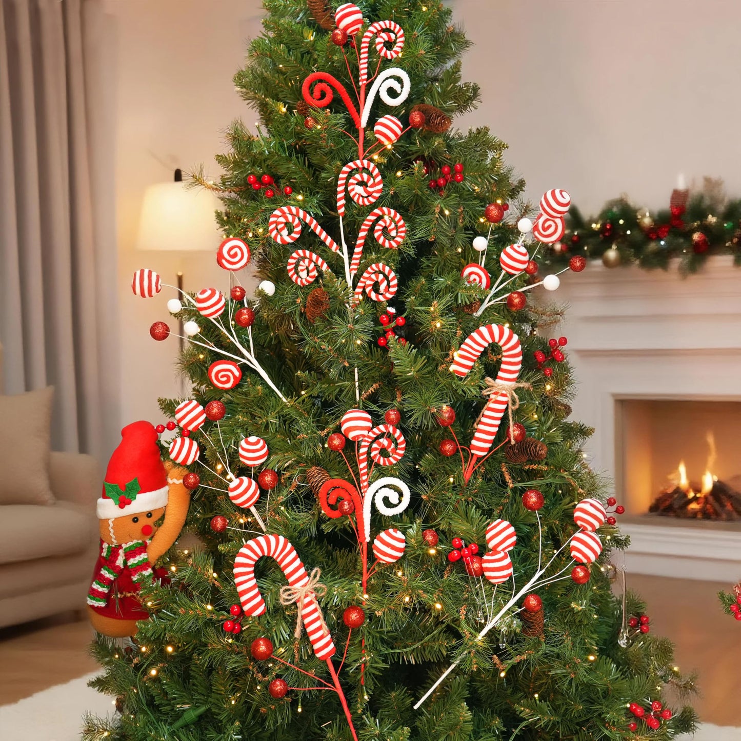 5pcs Candyland Christmas Tree Picks Candy Cane Tree Topper, Red and White Christmas Tree Decorations with Glitter, Curly Lollipop Candy Picks for Xmas Holiday Wreath Vase Party Decor