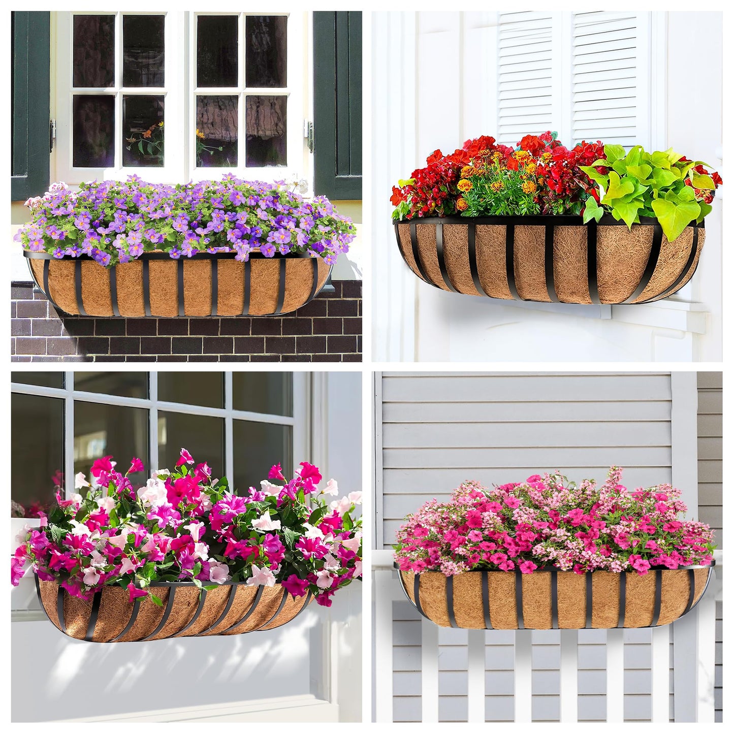 LAWYAMAI 30 Inch 2 PCS Window Box Deck Railing Planter with Coco Liners, Hanging Flower Planters Black Metal Baskets for Indoor Outdoor, Balcony, Porch, Fence, Lawn and Patio