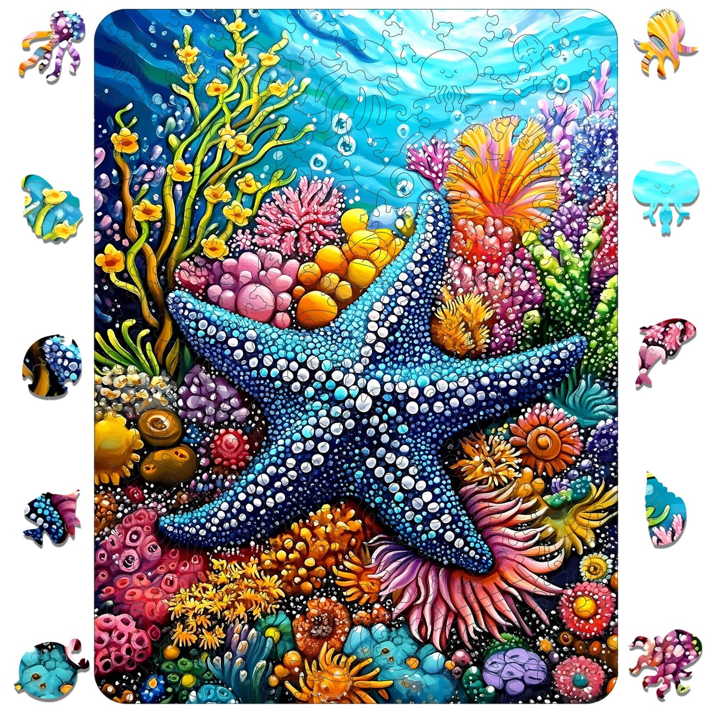 Mocfesk Wooden Puzzles for Adults, Starfish Wooden Puzzles 200 Pieces, Unique Shaped Underwater Ocean Jigsaw Puzzles for Adults and Kids, Birthday Gifts Fun Family Game 11.8 x 8.8 in