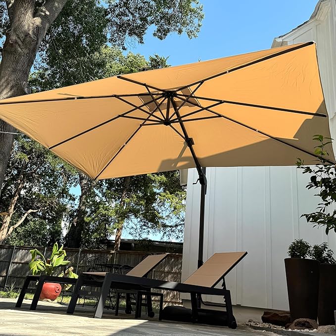 PURPLE LEAF 8.2' X 11.5' Tilting Patio Umbrella with Base Outdoor Cantilever Swivel Rectangle Umbrella Aluminum Offset Umbrella with 360-degree Rotation for Garden Deck Pool Patio Beige