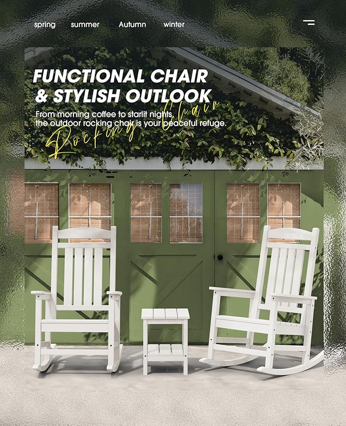 KINGYES HDPE Patio Rocking Chair Set of 4, Outdoor Rocking Chairs Porch Rocker for Adults, White