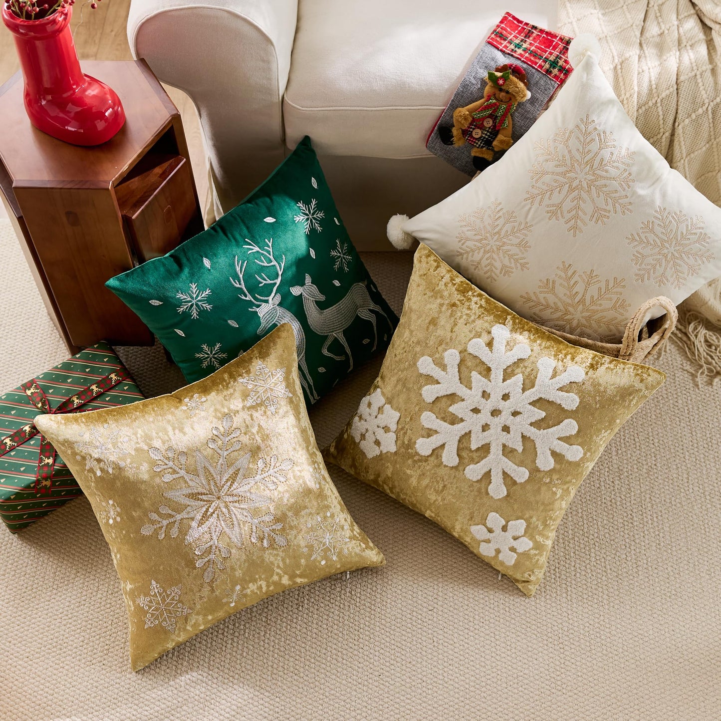 KINDREX Christmas Pom poms Snowflake Throw Pillow Covers 18x18 Set of 2 Winter Holiday Decorative Embroidered Soft Velvet Accent Pillowcase for Sofa Couch Bed Living Room Festivals Home Decor,White