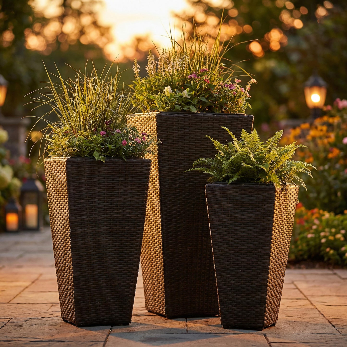 Sunnydaze Square Tall Wicker Outdoor Planter Set of 3 - Polyrattan Large Outdoor Planters for Porch, Patio or Garden - 9", 11.5", 14.75" Tall Plant Pots - Brown