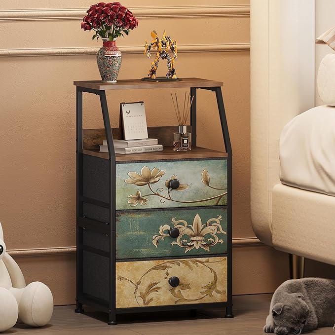 Tohomeor Dresser with Fabric Drawers Nightstand with 2 Tier Shelf Storage Tower