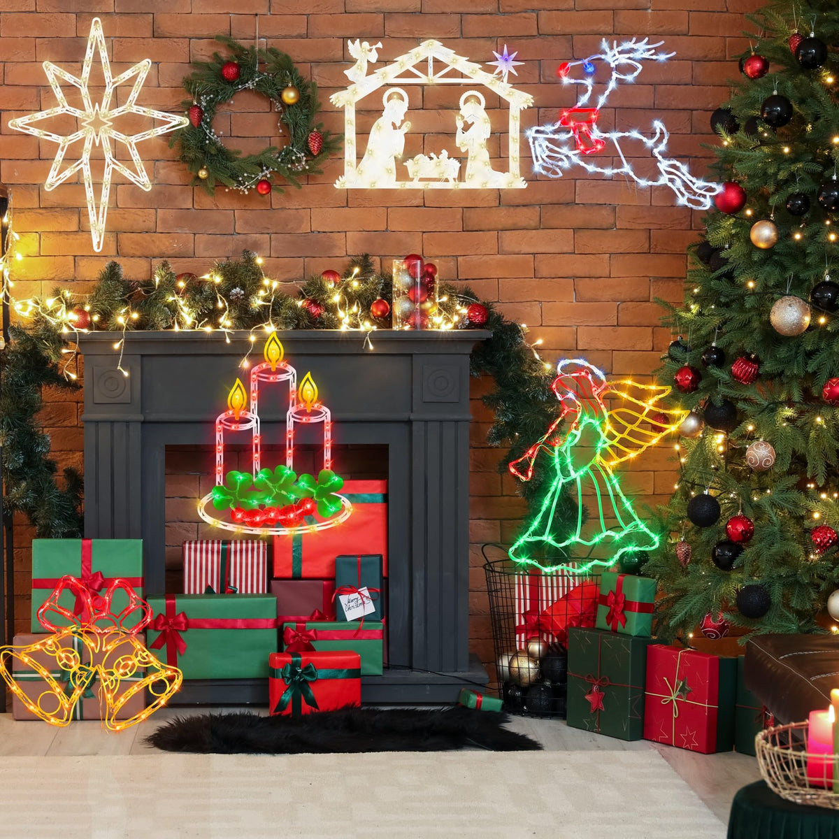 TRWYMZ 16" Christmas Window Silhouette Lights - 6 Pack Colour Lighted Bell, Angel, Candle, Nativity, Bethlehem Star, Reindeer for Holiday Indoor and Outdoor Wall Door Window Decorate