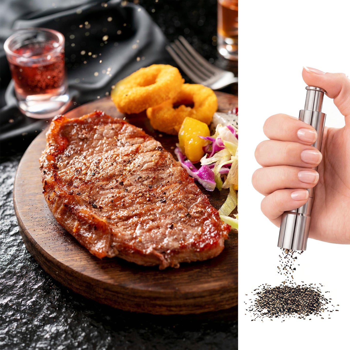 Keeshibao 2-PCS Stainless Steel Pepper Grinder, Salt and Pepper Grinder Set，Manual Push Button Black Pepper Grinder, Small Salt Grinder Refillable for Salt Spices,use for Kitchen Travel Camping
