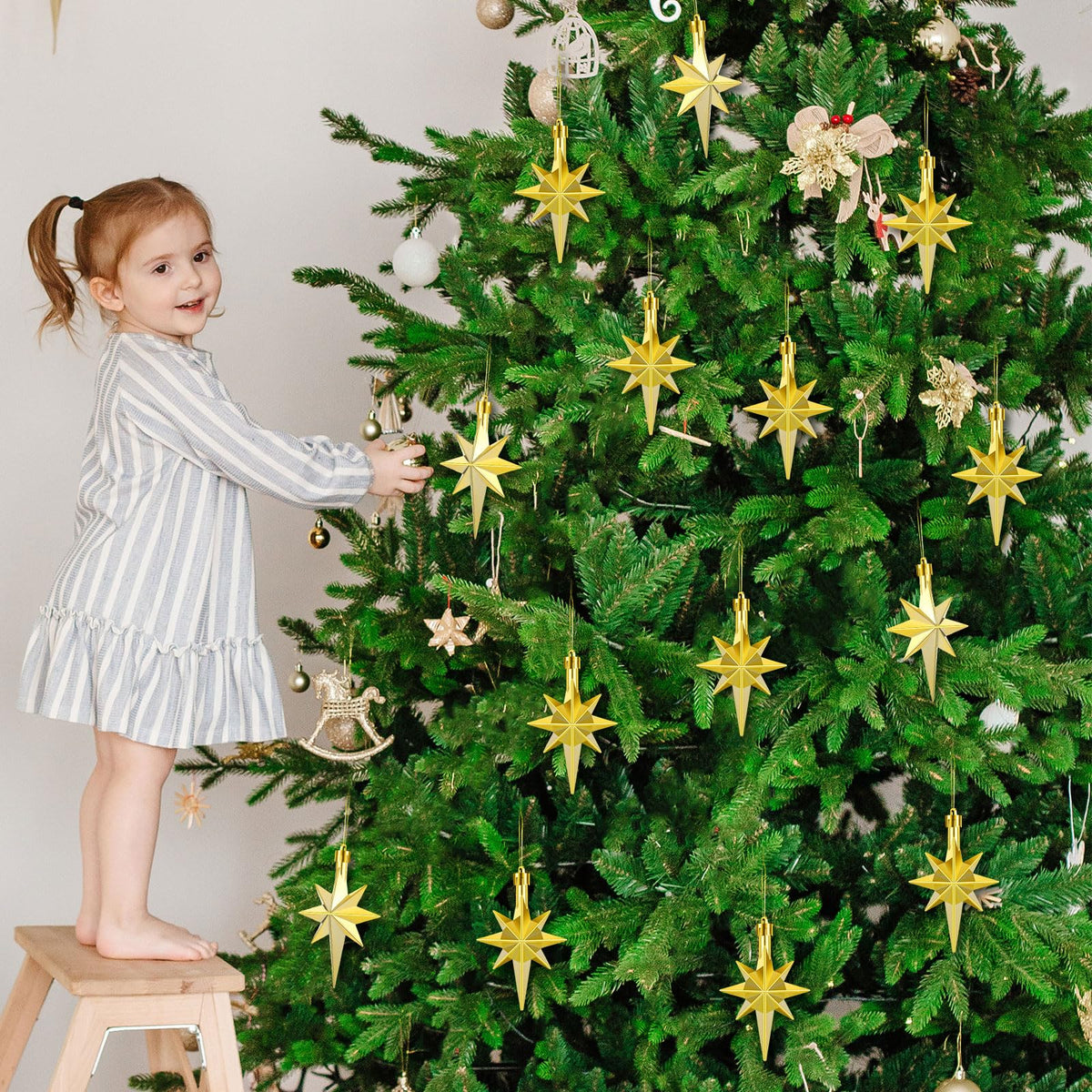 Syhood 12 Pcs Gold Christmas Bethlehem Star Ornament for Christmas Tree 3.14inch Bethlehem Star Ornament Plastic Hanging Gift Decor for Xmas Party