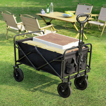 Sweetcrispy Collapsible Foldable Wagon Cart, Large Capacity Garden Beach Cart with All-Terrain Wheels, Heavy Duty Utility Grocery Wagon with Drink Holders for Shopping Sports Camping, Large Black