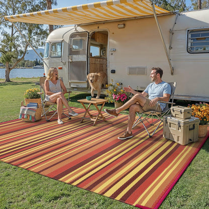 WondRg Outdoor Plastic Straw Rug Waterproof Patio 9x18 Red Orange Stripe Mat for Porch Camping RV Balcony Deck Courtyard Reversible Lightweight Durable Portable Carpet