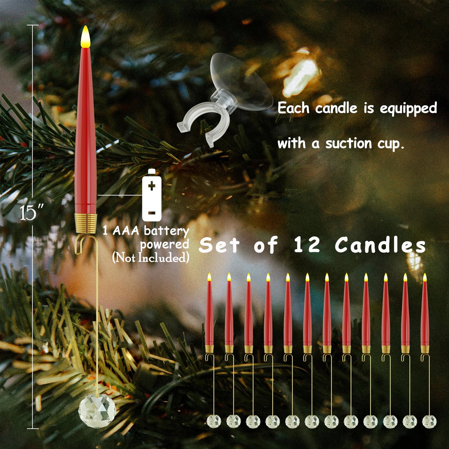JOIONE Flameless Christmas Tree Candles with Remote, 12 Pack Battery Operated LED Candles with Suction Cup for Christmas Tree, Flickering Flame for Xmas Indoor Decor - Red Candle