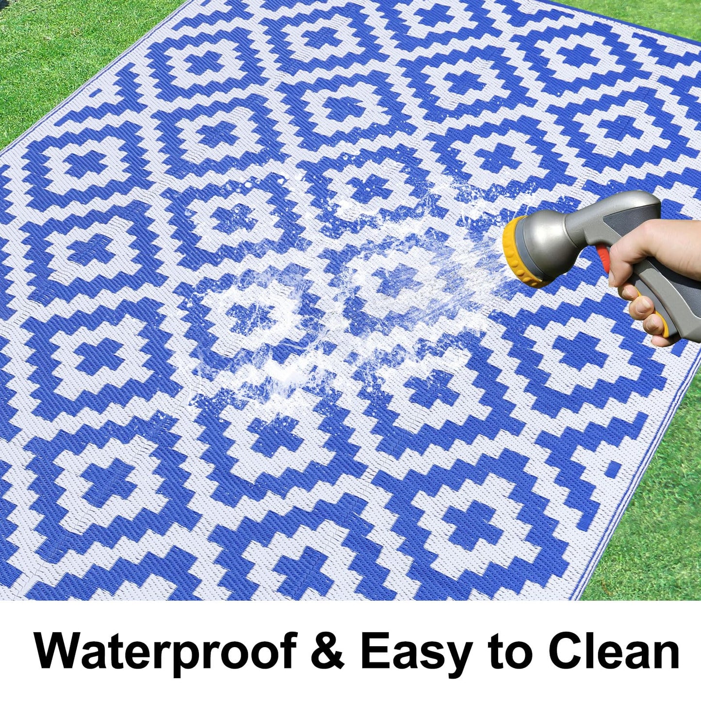 Smiry Waterproof Outdoor Rug 10X14 ft, Reversible Plastic Straw Patio Camping Rugs, Outdoor Indoor RV Mat Carpet for Patio, Outside Entry, Backyard, Deck, Bench, Picnic, Camper, White & Blue