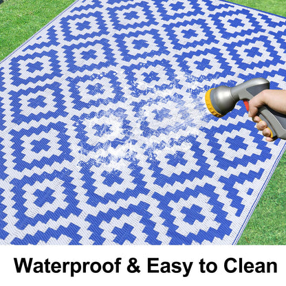 Smiry Waterproof Outdoor Rug 10X14 ft, Reversible Plastic Straw Patio Camping Rugs, Outdoor Indoor RV Mat Carpet for Patio, Outside Entry, Backyard, Deck, Bench, Picnic, Camper, White & Blue