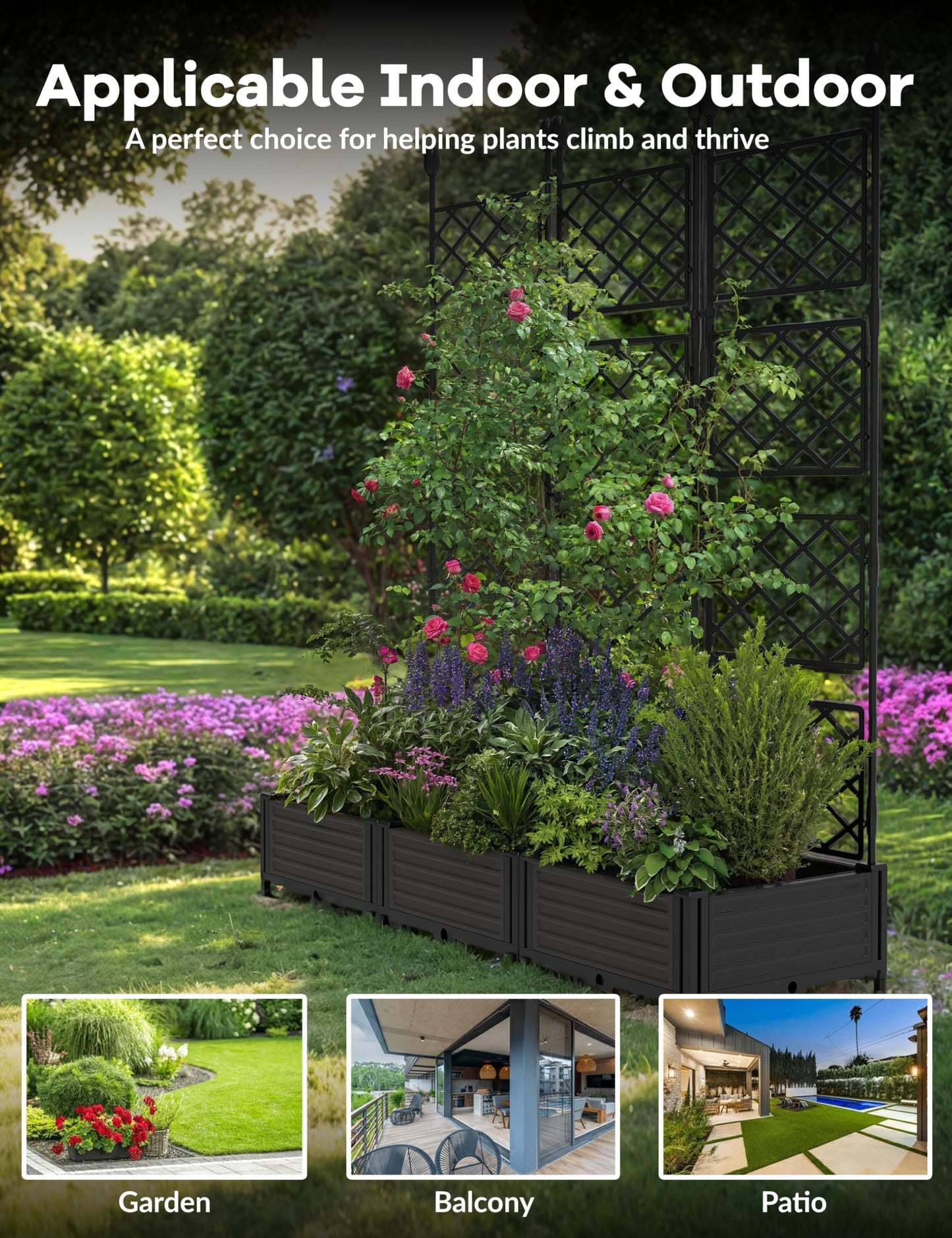 Garvee Raised Garden Bed with Trellis 3-Pack - 48" l x 16" w x 63" h Plastic Vertical Planter Box for Climbing Plants, Outdoor Privacy Screen for Patio, Balcony, Backyard - Sturdy & Lightweight