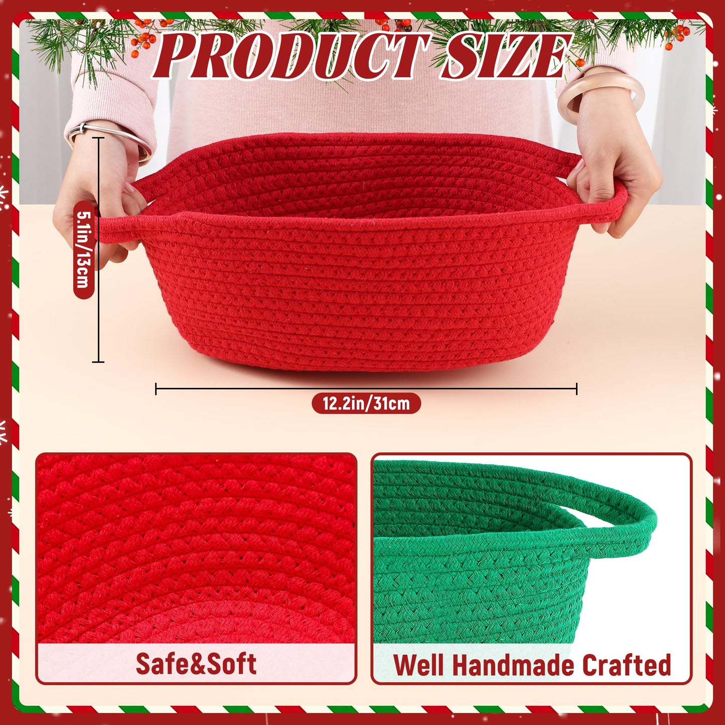 4pcs Christmas Gift Basket Empty, Christmas Woven Basket with Handles, Decorative Rope Woven Storage Basket Xmas Gift Baskets with Gift Bags Sticker and Ribbons for Xmas Empty Decorative Gift Box