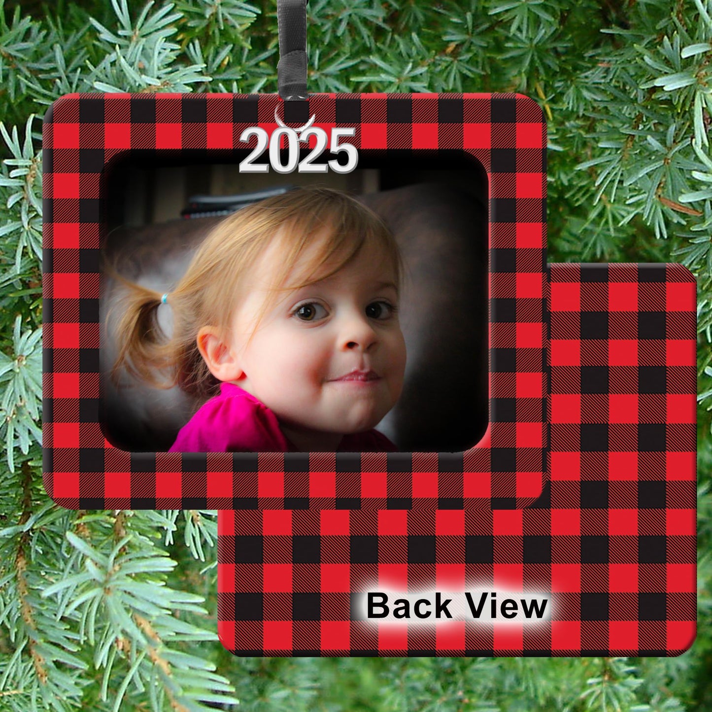 Expressly Yours! Photo Expressions 2025 Photo Ornaments for Christmas Tree, Christmas Picture Frame Ornament, Easy-Load Magnetic Frame with Ribbon, Charm & Photo Protector, Horizontal Buffalo Plaid