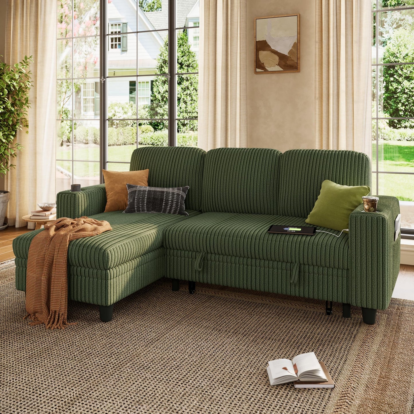 LINSY HOME Pull Out Sleeper Sofa Sectional Couches for Living Room, L Shaped Plush Corduroy Couch with Storage&USB Charging, Convertible Cloud Sectional Sofa Bed for Apartment, Green