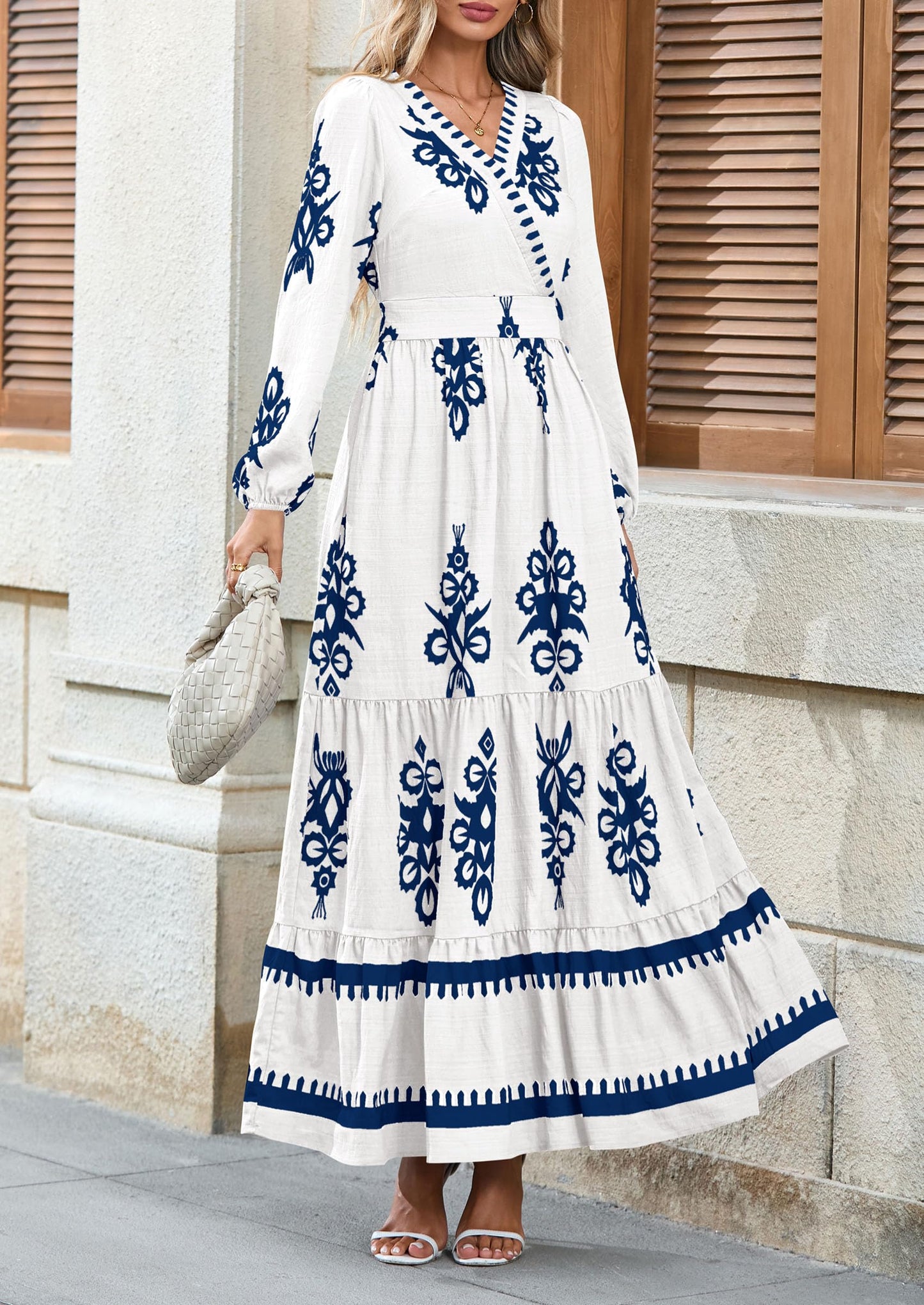 PRETTYGARDEN Women's 2025 Fall Wedding Guest Dresses Boho Floral Long Sleeve V Neck Flowy Elegant Maxi Dress Beach Clothes