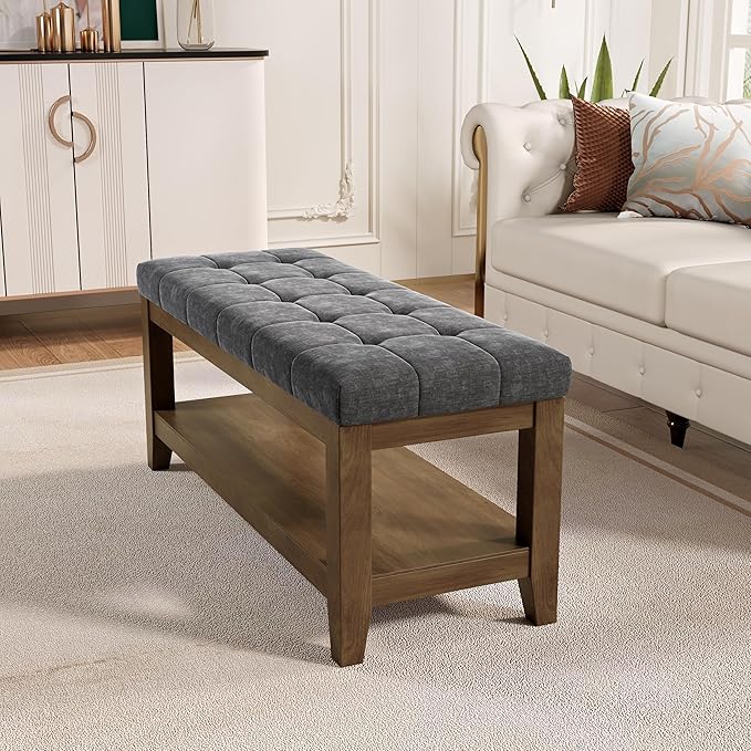 ABHENG Solid Rubber Wood Shoe Bench, Soft Chenille Material Upholstered Seat