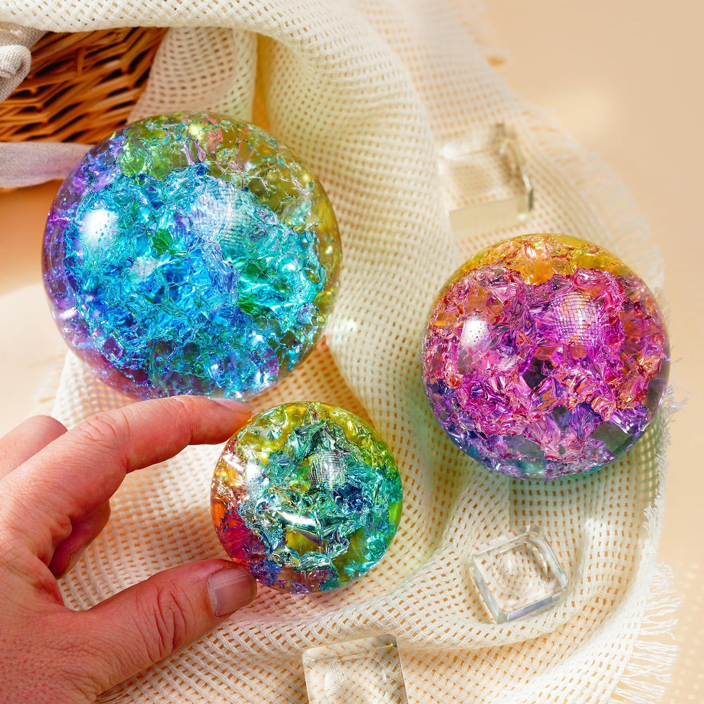 Crystal Ball Set of 3 Colorful Glass Decorative Spheres with Stands