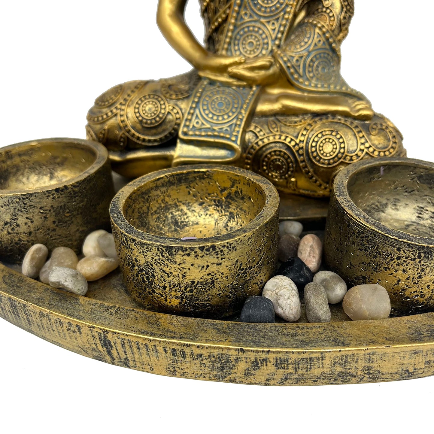ARTCOS Meditating Buddha with 3 Tealight Candle Holder Base Sitting Zen Buddha Statue for Spiritual Room Décor Buda Sculpture Home Decoration for Peace and Harmony (Antique Gold)
