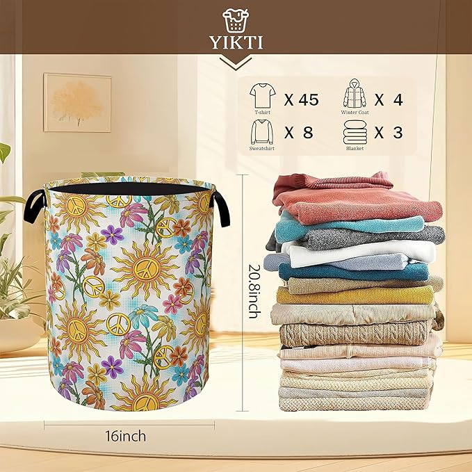 Collapsible Laundry Basket, Vintage Peace Symbol Dirty Clothes Hamper, Hippie