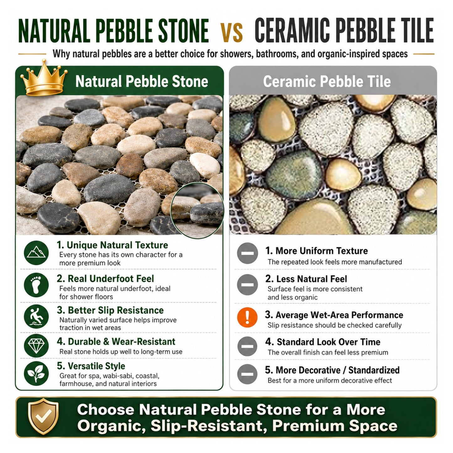 Diflart Natural Pebble Stone Tile for Shower Floor, Emerald Green Oval, 4 Sheets, Sliced Pebble Mosaic Backsplash for Kitchen Bathroom Floor and Wall Tile