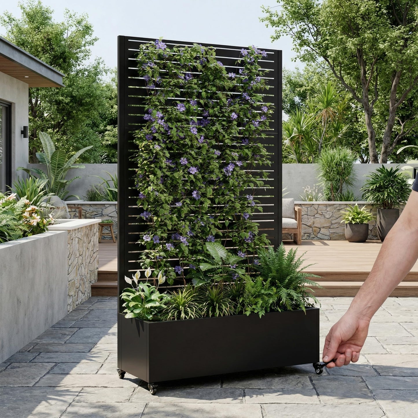 FLOHOVER 73" Metal Planter Box with Trellis, Outdoor Raised Garden Bed with Lockable Wheels & Drainage Holes, Galvanized Steel Privacy Screen Trellis Planter for Climbing Plants Vines Flowers