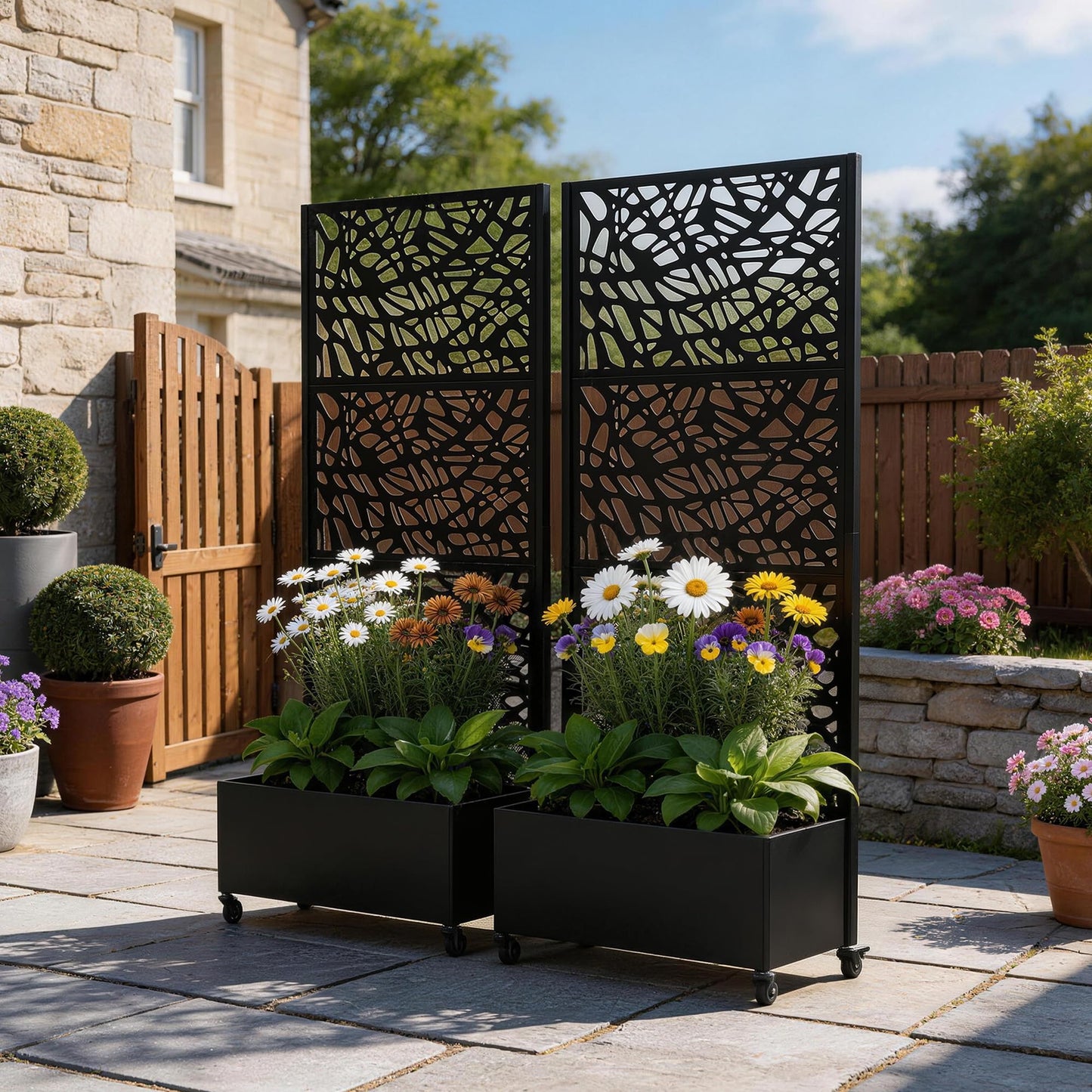 UIXE Metal Planter Box with Trellis, Outdoor Galvanized Raised Garden Bed with Privacy Screen & Drainage Holes, All Weather Lockable Casters Patio Planter for Backyard, Organic Fracture - 71"H x 35"W