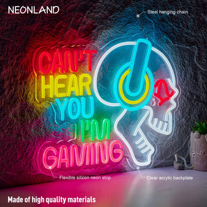 Gaming Neon Sign Can't Hear You I'm Gaming Skull Gamer LED Light Bright USB Powered Light up Game Signs with dimmer for Game Zone Video Room Boy Bedroom Wall Decor Compatible with Timer