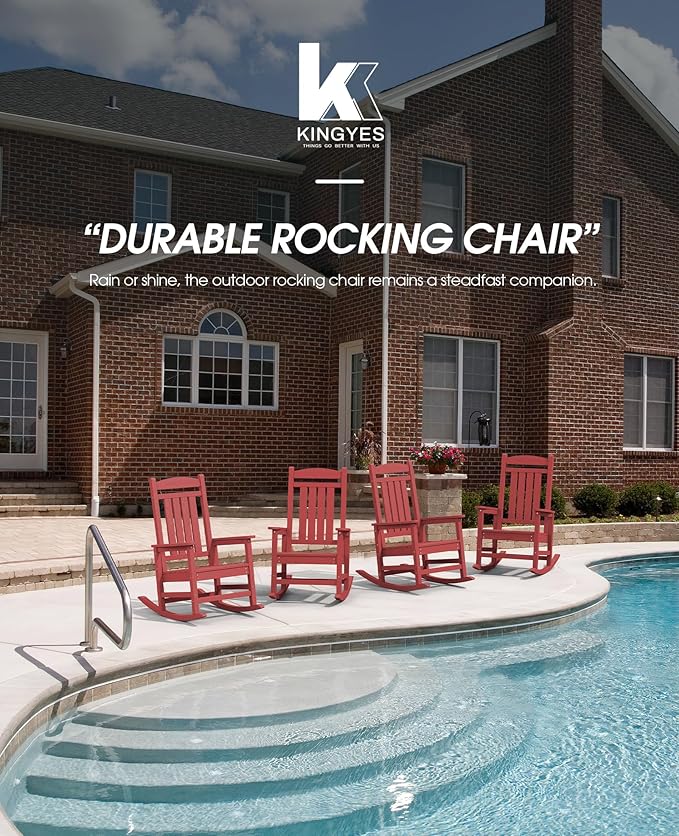 KINGYES Outdoor Rocking Chair, Weather Resistant Patio Rocking Chairs High Back Porch Rocker for Adult, Dark Red