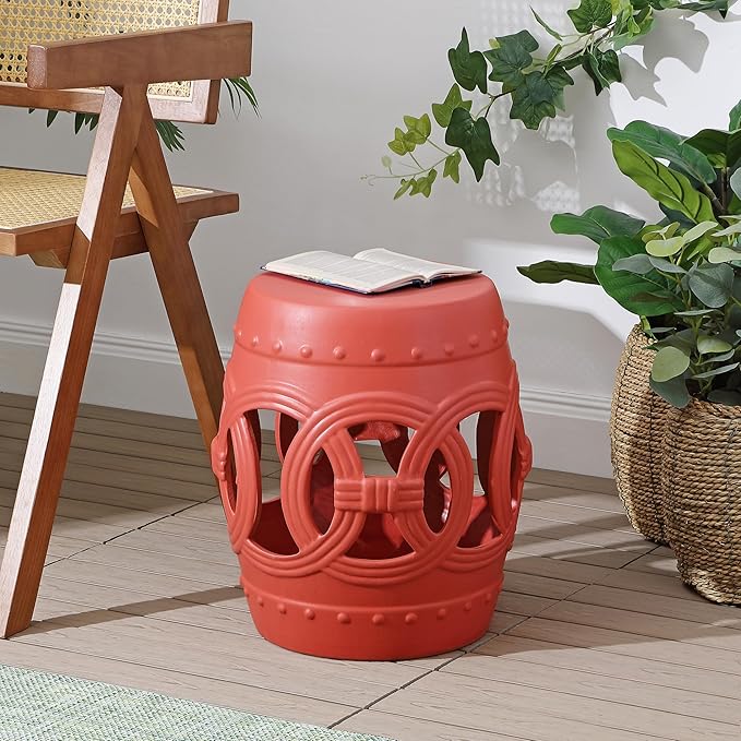 JONATHAN Y TBL1022G Lucky Coins 16" Chinese Ceramic Drum Indoor/Outdoor Garden Stool Bohemian, Coastal, Cottage, French Country, Traditional, for Living Room, Garden Room, Patio, Matte Coral