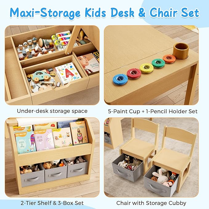 5-in-1 Kids Art Table and Chairs, Toddler Table and Chair Set, Craft Play Desk