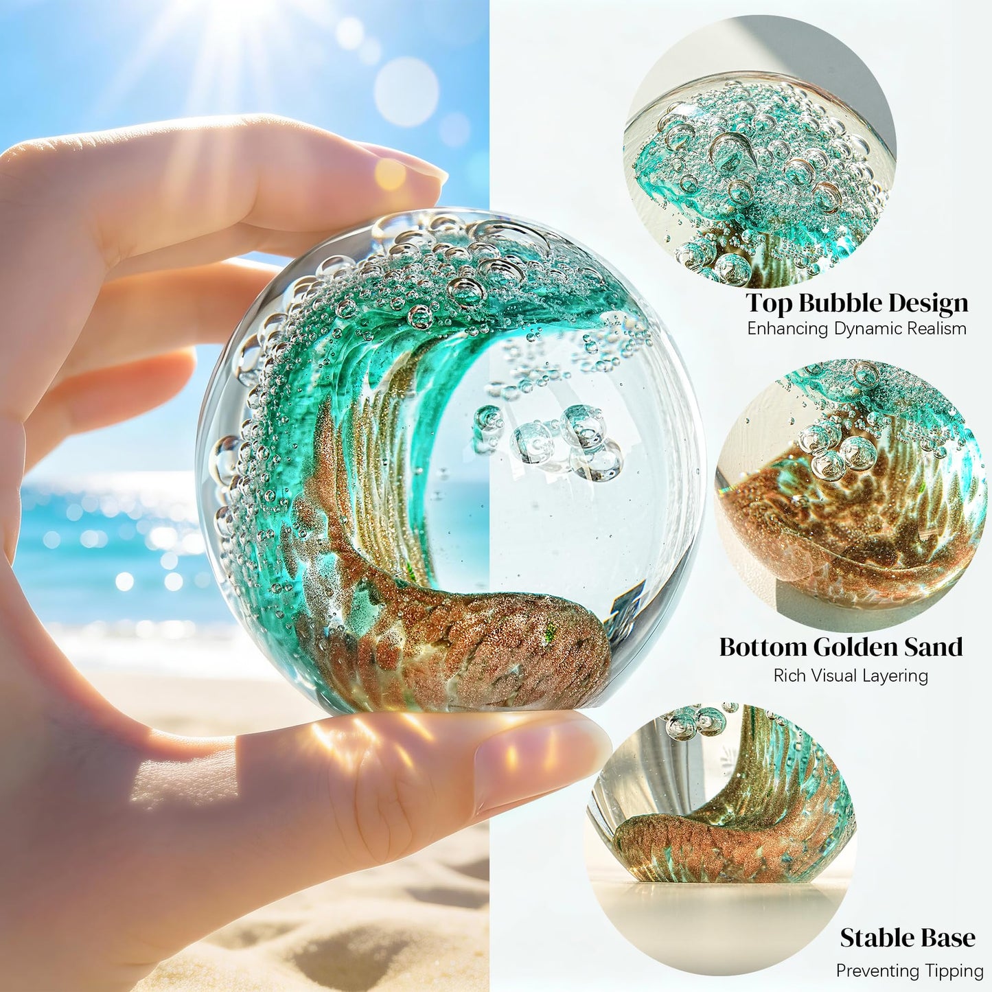 H&D HYALINE & DORA 2.3 Inch Hand Blown Crystal Ball Ocean Waves Glass Ball Paperweight Aquarium Office Decorative Balls Ocean Lovers Gifts(Green)