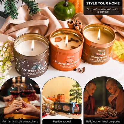 Winter Woods, Pumpkin Spice, Sandalwood Oud - Soy Candles Non Toxic - Highly Scented Long Lasting with Essential Oils - Variety Pack of 3 x 5oz - for Home Aromatherapy Meditation Gift Travel