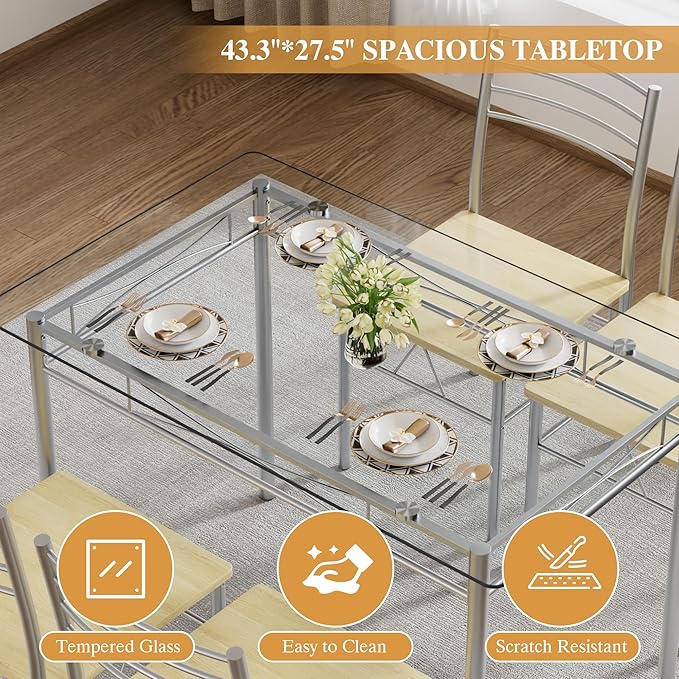 VECELO Dining Table Set for 4, 5-Piece Glass Kitchen Table