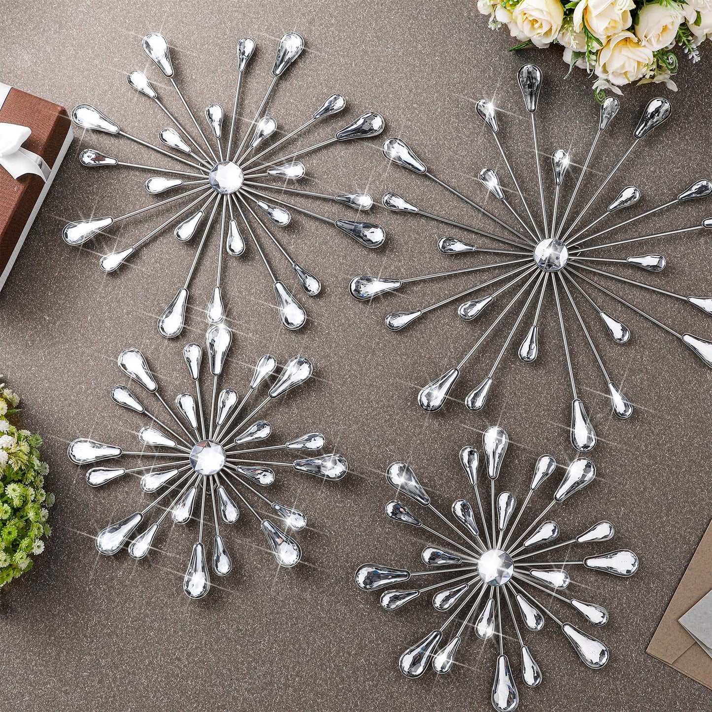 Hicarer 4 Pcs Starburst Wall Decor Bling Wall Art Crystal Teardrop 3D Hanging Rhinestone Radial Metal Artwork Modern Accent Sculptures Decorations for Living Room Home Office Bedroom(Silver)