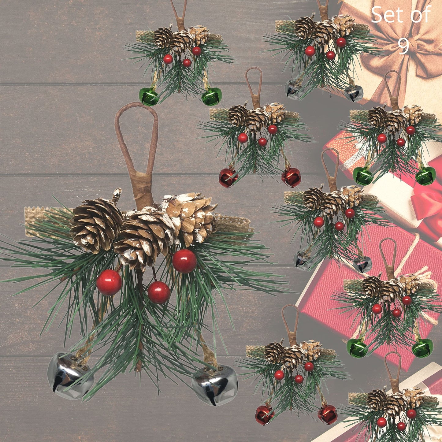 Christmas Bell Ornaments Set of 9 – Red, Green & Silver Jingle Bells with Pine Cones, Red Berries & Snowy Pine Greenery, Farmhouse Christmas Tree Decorations, Holiday Crafts & Wreath Accents, 6 Inch