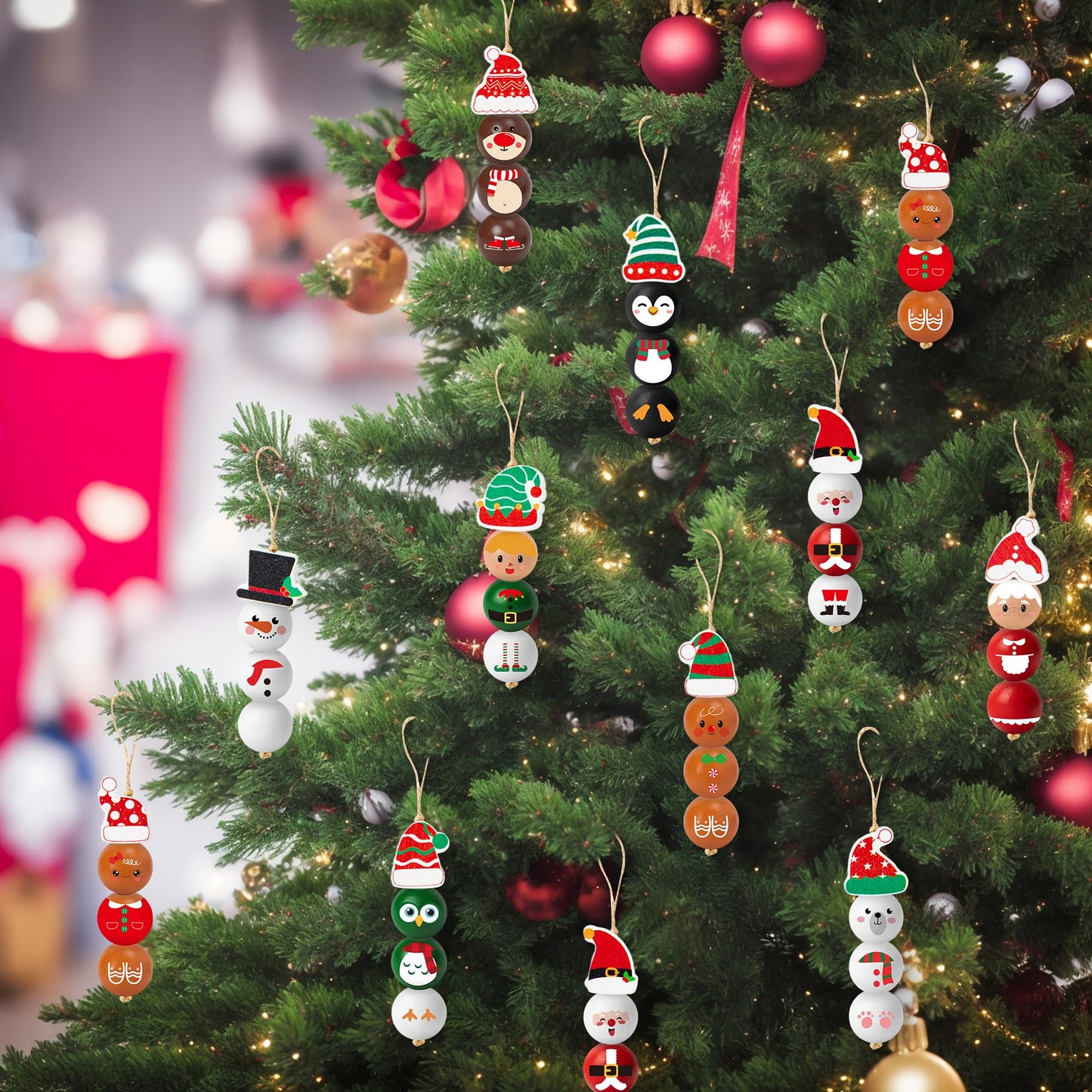 HoniedPepperino Christmas Wooden Bead with Twine - 240Pcs DIY Santa Claus Snowman Gingerbread Man Elf Bead Garland Crafts, Xmas Farmhouse Rustic Round Decor Ornaments for Christmas Winter Party Home
