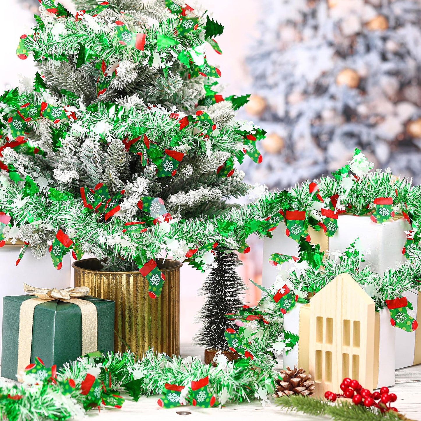 XunYee 98 ft Christmas Tree Snowflakes Tinsel Garland Decorations Red Green Metallic Twist Garland Holiday Shiny Wire Ornament for Xmas Festival Home Mantle Fireplace Indoor Outdoor Party Decor